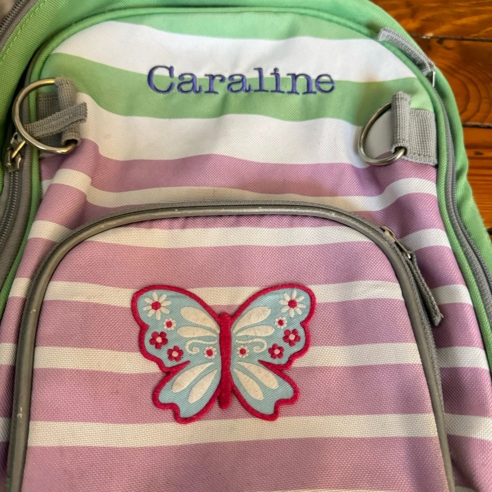 Pottery Barn Backpack Green & Purple Striped Butterfly Caraline